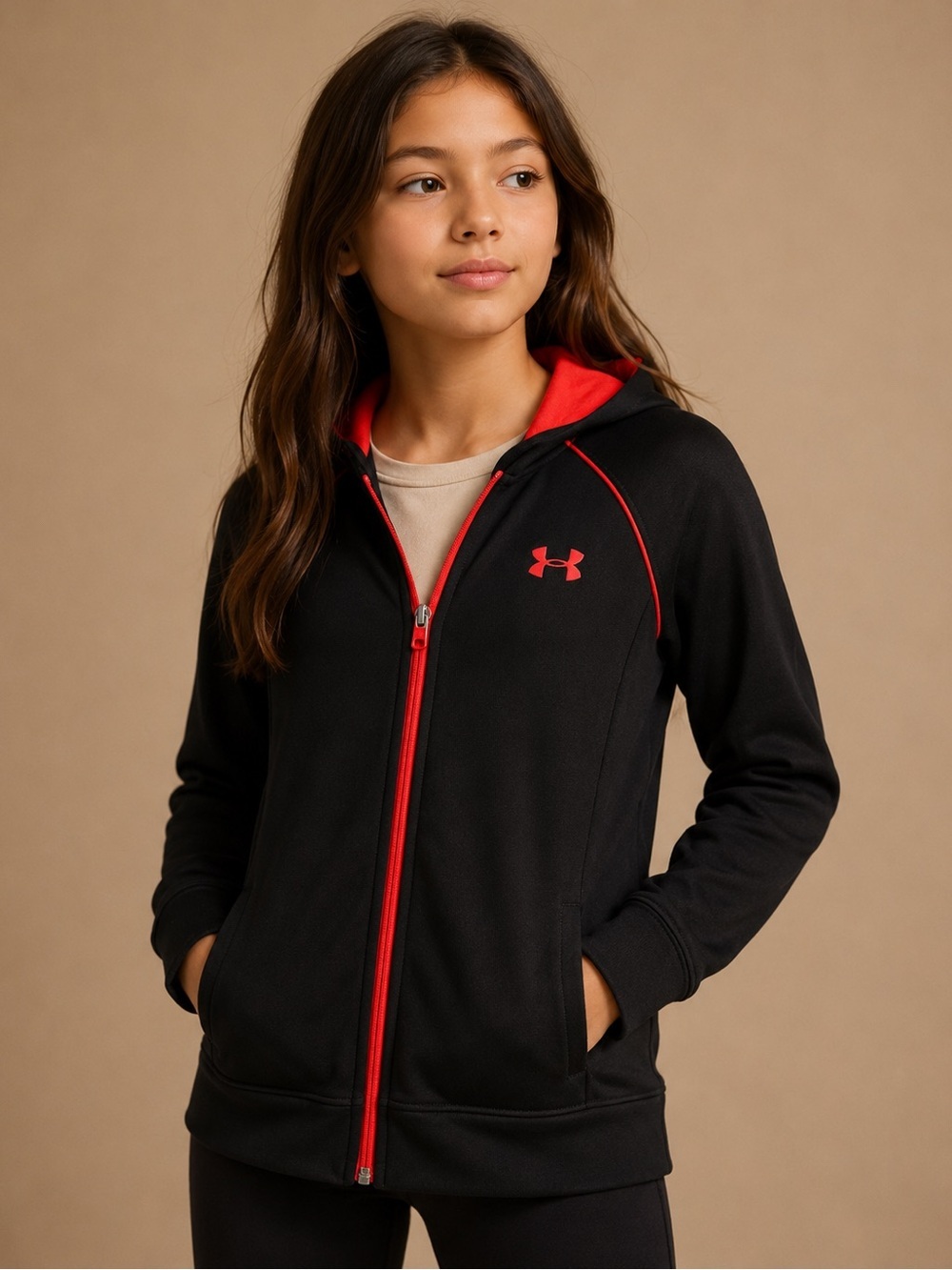 Under Armour Girls Black Red Full Zip Hoodie YLG Athletic Gym Athletics